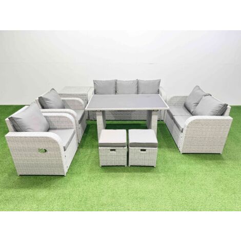 Fimous 9 Seater Garden Furniture Set PE Ratten Garden Sofa Set with Rectangular Dining Table 2 Small Stools Side Table Light Grey
