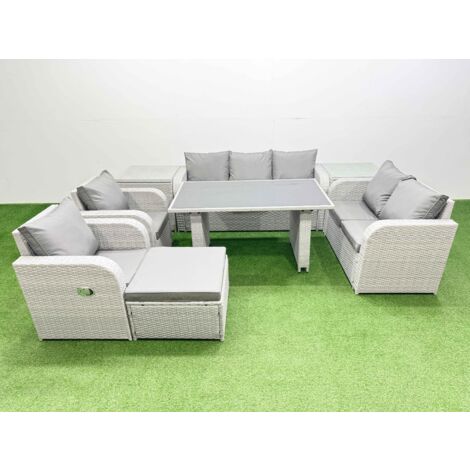 Fimous 9 Seater Garden Furniture Set PE Ratten Garden Sofa Set with Rectangular Dining Table Big Stool 2 Side Tables Light Grey