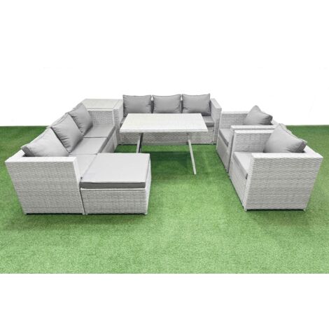 Fimous 9 Seater Garden Furniture Set PE Ratten Garden Sofa Set with Rectangular Dining Table Big Stool Side Table Light Grey