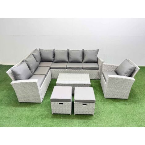 Fimous 9 Seater Garden Outdoor PE Rattan Furniture Set Rattan Garden Sofa Set with 2 Small Footstools Light Grey Mixed