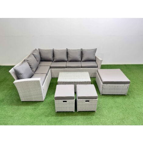 Fimous 9 Seater Garden Outdoor PE Rattan Furniture Set Rattan Garden Sofa Set with Oblong Coffee Table Light Grey Mixed