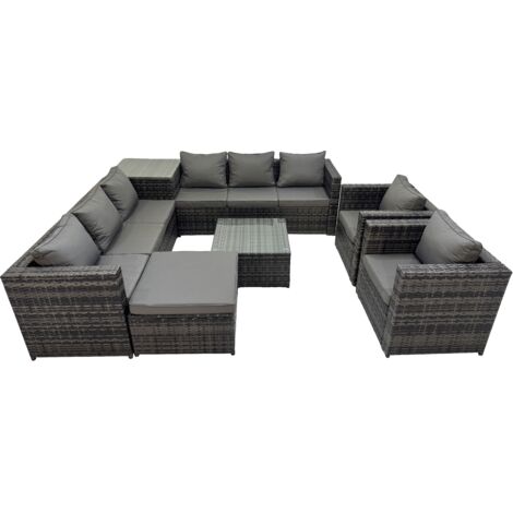 Fimous 9 Seater Garden Outdoor Rattan Furniture Set Patio Corner Sofa Coffee Table with 2 Chiar Side Table Big Stool Dark Grey