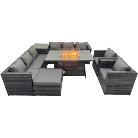 Fimous 9 Seater Garden Outdoor Rattan Furniture Set Patio Corner Sofa Gas Firepit Dining Table with Side Table Big Stool Dark Grey