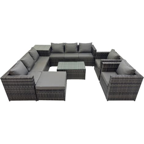Fimous 9 Seater Garden Outdoor Rattan Furniture Set Patio Corner Sofa Rectangular Coffee Table with Big Stool Side Table Dark Grey
