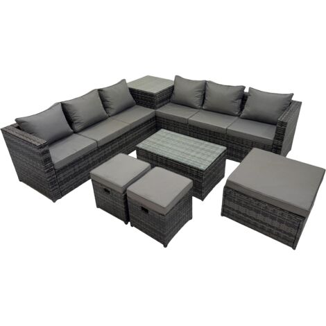 Fimous 9 Seater Garden Outdoor Rattan Furniture Set Patio Corner Sofa Rectangular Coffee Table with Side Table 3 Stool Dark Grey