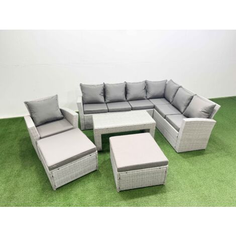 Fimous 9 Seater Garden Outdoor Rattan Furniture Set Rattan Corner Sofa Oblong Coffee Table with 2 Big Footstools Light Grey Mixed