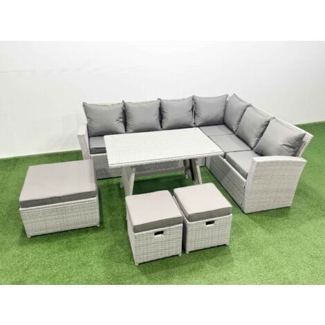Fimous 9 Seater Garden Outdoor Rattan Furniture Set Rattan Corner Sofa Oblong Dining Table Set with 3 Footstools Light Grey Mixed