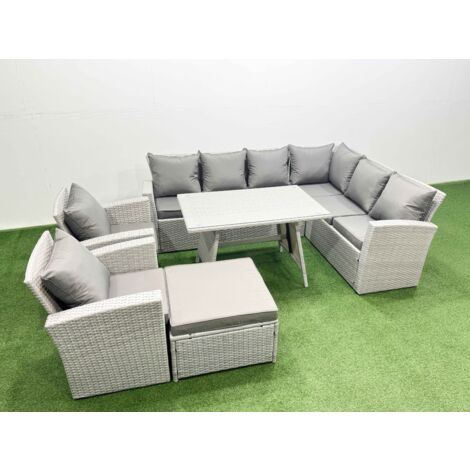 Fimous 9 Seater Garden Outdoor Rattan Furniture Set Rattan Corner Sofa Oblong Dining Table with 2 Armchairs Big Footstool Light Grey Mixed