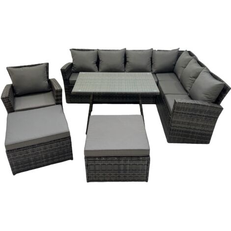 Fimous 9 Seater Garden Outdoor Rattan Furniture Set Rattan Corner Sofa Oblong Dining Table with Armchair 2 Big Footstools Dark Grey