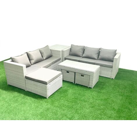 Fimous 9 Seater Garden Outdoor Rattan Furniture Set Rattan Garden Sofa Oblong Coffee Table with 3 Footstools Side Table Light Grey Mixed