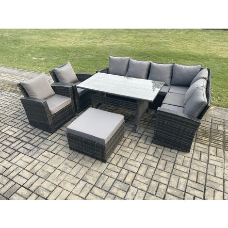 Fimous 9 Seater Garden Rattan Furniture Corner Sofa Dining Table Chairs Set with Big Footstool 2 Armchairs Indoor Outdoor Lounge Sofa Set