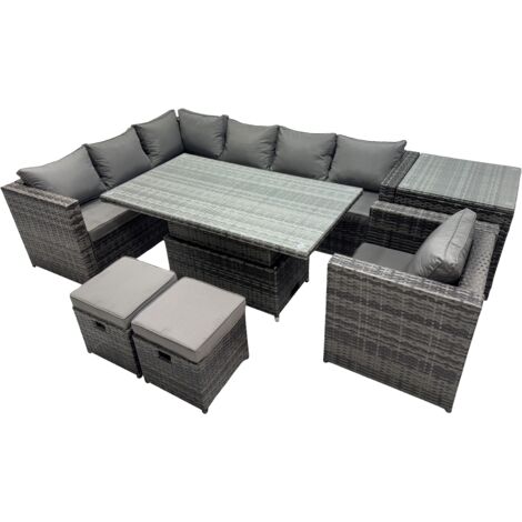 Fimous 9-seater Height Adjustable Rising Lifting Table Corner Sofa Set Rattan Garden Furniture Dining Set with 2 Small Stool Side Table Dark Grey Mixed