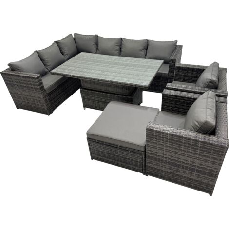 Fimous 9-seater Height Adjustable Rising Lifting Table Corner Sofa Set Rattan Garden Furniture Dining Set with Big Stool Dark Grey Mixed