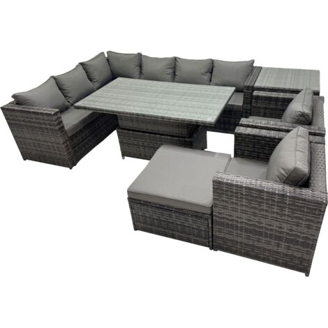 Fimous 9-seater Height Adjustable Rising Lifting Table Corner Sofa Set Rattan Garden Furniture Dining Set with Big Stool Side Table Dark Grey Mixed