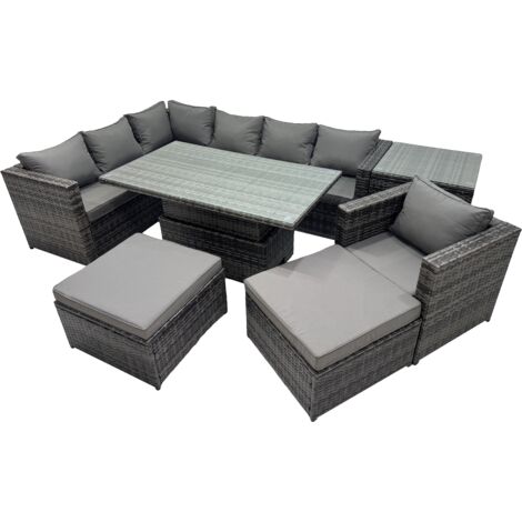 Fimous 9-seater Height Adjustable Rising Lifting Table Corner Sofa Set Rattan Garden Furniture Dining Set with Side Table 2 Big Stool Dark Grey Mixed