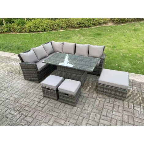 Fimous 9 Seater High Back Outdoor Rattan Adjustable Rising Lifting Dining Table Corner Sofa Set Garden Furniture Footstools Dark Grey Mixed Left Hand