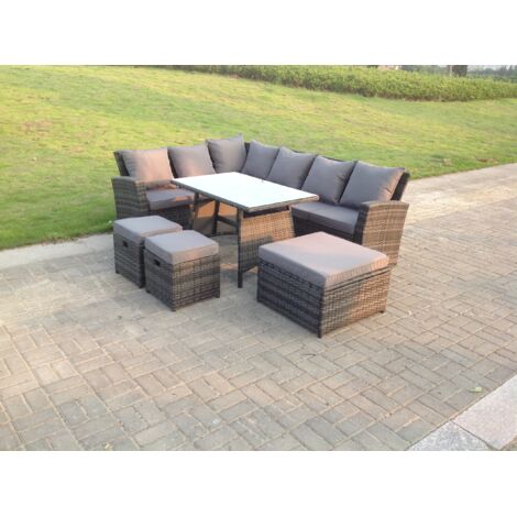 Fimous 9 Seater High Back Rattan Garden Furniture Set Corner Sofa With Oblong Dining Table 3 Footstool