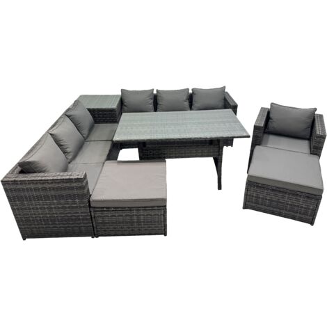 Fimous 9 Seater Outdoor Corner Sofa Chair Dining Table Set Garden Rattan Furniture Set with Side Table 2 Big Stool Dark Grey