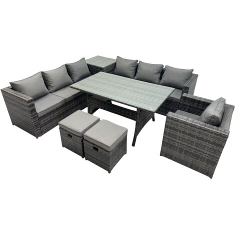 Fimous 9 Seater Outdoor Corner Sofa Chair Dining Table Set Garden Rattan Furniture Set with Side Table 2 Small Stools Dark Grey