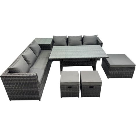 Fimous 9 Seater Outdoor Corner Sofa Dining Table Set Garden Rattan Furniture Set with Side Table 3 Stools Dark Grey