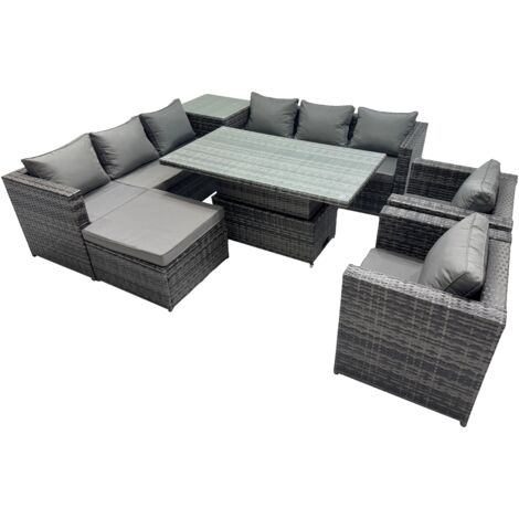 Fimous 9 Seater Outdoor Corner Sofa Height Adjustable Rising Lifting Table Set Garden Rattan Furniture Set with Side Table Big Stool Dark Grey