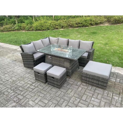 Fimous 9 Seater Outdoor High Back Rattan Gas Fire Pit Corner Sofa Set Garden Furniture Heater Dining Table Set Footstools Dark Grey Mixed Left Hand