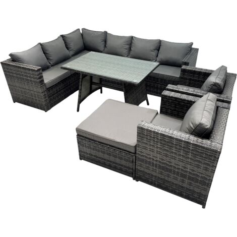 Fimous 9-seater Outdoor PE Rattan Sofa Set with Dining Table Patio Garden Furniture Sets with 2 Chair Big Stool Dark Grey Mixed