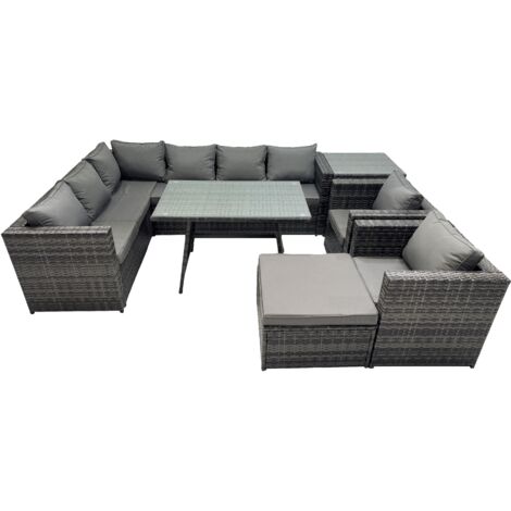 Fimous 9-seater Outdoor PE Rattan Sofa Set with Dining Table Patio Garden Furniture Sets with 2 Chair Big Stool Side Table Dark Grey Mixed