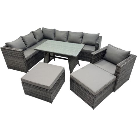 Fimous 9-seater Outdoor PE Rattan Sofa Set with Dining Table Patio Garden Furniture Sets with Chair 2 Big Stools Dark Grey Mixed