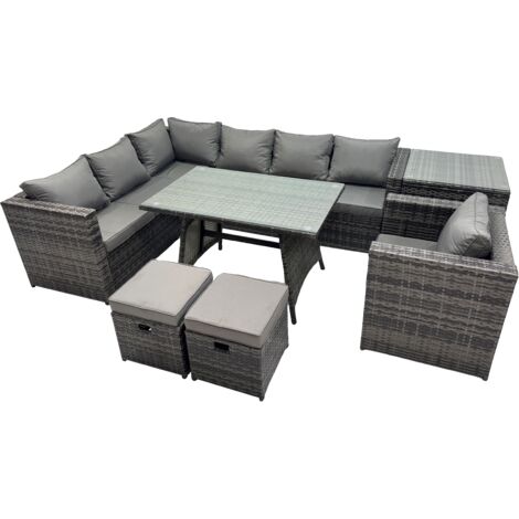 Fimous 9-seater Outdoor PE Rattan Sofa Set with Dining Table Patio Garden Furniture Sets with Chair 2 Small Stools Dark Grey Mixed