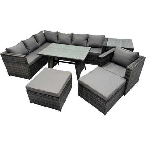 Fimous 9-seater Outdoor PE Rattan Sofa Set with Dining Table Patio Garden Furniture Sets with Chair Side Table 2 Big Stools Dark Grey Mixed