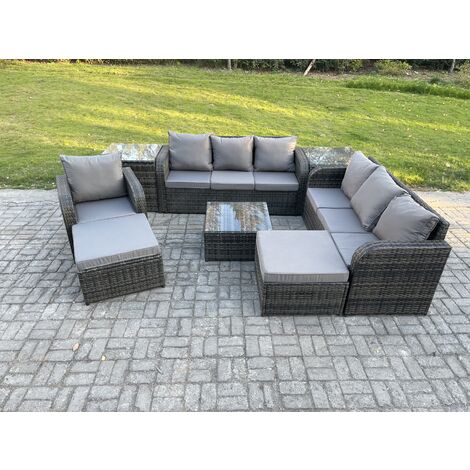 Fimous 9 Seater Outdoor Rattan Garden Furniture Set Conservatory Patio Sofa Coffee Table With Reclining Chair 2 Big Footstool 2 Side Tables Dark Grey Mixed
