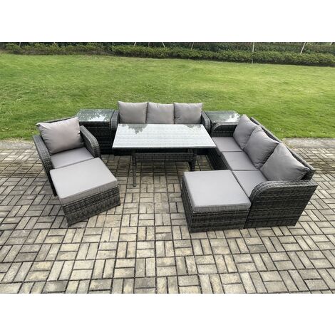 Fimous 9 Seater Outdoor Rattan Garden Furniture Set Oblong Rectangular Dining Table and Chairs Set with 3 Seater Sofa 2 Big Footstool 2 Side Tables Dark Grey Mixed