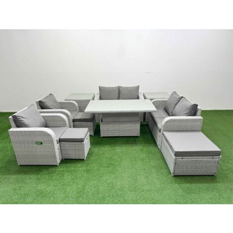 Fimous 9 Seater Outdoor Reclining Chair Love Sofa Set Rattan Garden Furniture Set with Adjustable Lifting Dining or Coffee Table 3 Stools 2 Side Table Light Grey