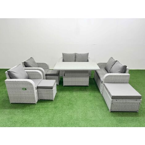 Fimous 9 Seater Outdoor Reclining Chair Love Sofa Set Rattan Garden Furniture Set with Adjustable Lifting Dining or Coffee Table 3 Stools Light Grey