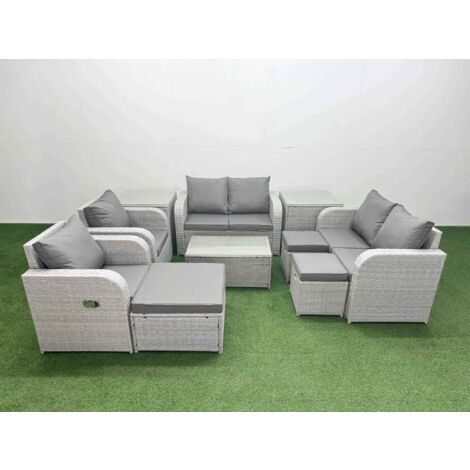 Fimous 9 Seater Outdoor Reclining Chair Love Sofa Set Rattan Garden Furniture Set with Rectangular Coffee Table 3 Stools 2 Side Table Light Grey