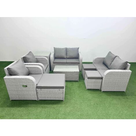 Fimous 9 Seater Outdoor Reclining Chair Love Sofa Set Rattan Garden Furniture Set with Rectangular Coffee Table 3 Stools Side Table Light Grey