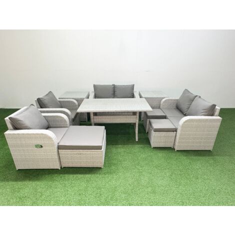 Fimous 9 Seater Outdoor Reclining Chair Love Sofa Set Rattan Garden Furniture Set with Rectangular Dining Table 3 Stools 2 Side Table Light Grey