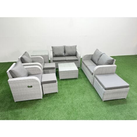 Fimous 9 Seater Outdoor Reclining Chair Love Sofa Set Rattan Garden Furniture Set with Square Coffee Table 3 Stools Side Table Light Grey