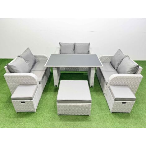 Fimous 9 Seater Patio Garden Furniture Sets with Black Glass Top Dining Table Love Sofa 3 Stool Light Grey
