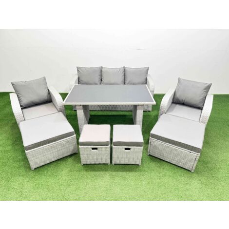 Fimous 9 Seater Patio Garden Furniture Sets with Black Glass Top Dining Table Love Sofa 4 Stools Light Grey