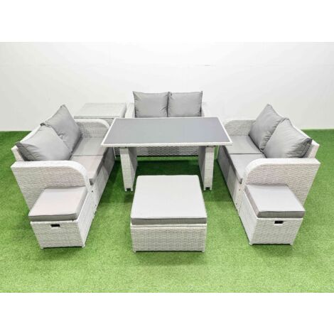 Fimous 9 Seater Patio Garden Furniture Sets with Black Glass Top Dining Table Love Sofa Side Table 3 Stool Light Grey