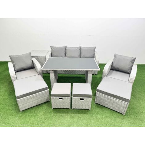 Fimous 9 Seater Patio Garden Furniture Sets with Black Glass Top Dining Table Love Sofa Side Table 4 Stools Light Grey