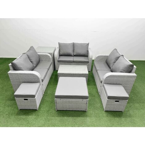 Fimous  9 Seater PE Wicker Rattan Furniture Sofa Sets with Rectangular Coffee Table 2 Seater Love Sofa 3 Stool Light Grey