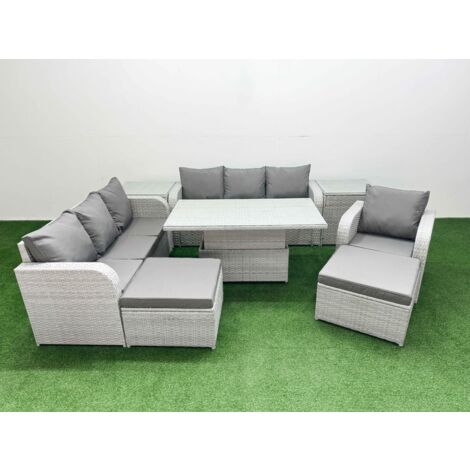 Fimous 9 Seater Poly Rattan Outdoor Garden Furniture Adjustable Lifting Dining or Coffee Table Sofa Set Patio 3 Seater Sofa Reclining Chair 3 Seater Sofa 2 Big Footstools 2 Side Table Light Grey