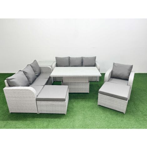 Fimous 9 Seater Poly Rattan Outdoor Garden Furniture Adjustable Lifting Dining or Coffee Table Sofa Set Patio 3 Seater Sofa Reclining Chair 3 Seater Sofa 2 Big Footstools Side Table Light Grey