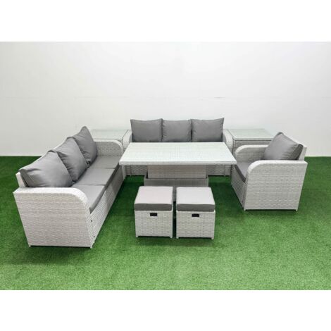 Fimous 9 Seater Poly Rattan Outdoor Garden Furniture Adjustable Lifting Dining or Coffee Table Sofa Set Patio 3 Seater Sofa Reclining Chair 3 Seater Sofa Stools 2 Side Table Light Grey