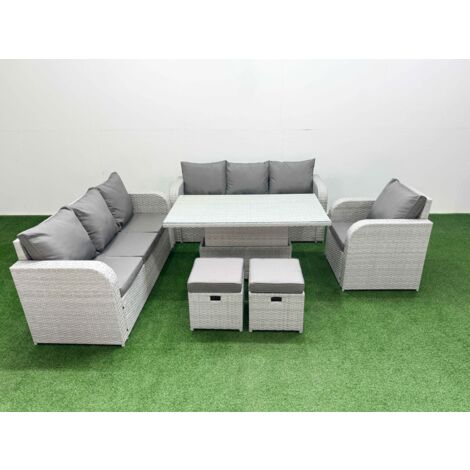 Fimous 9 Seater Poly Rattan Outdoor Garden Furniture Adjustable Lifting Dining or Coffee Table Sofa Set Patio 3 Seater Sofa Reclining Chair 3 Seater Sofa Stools Light Grey