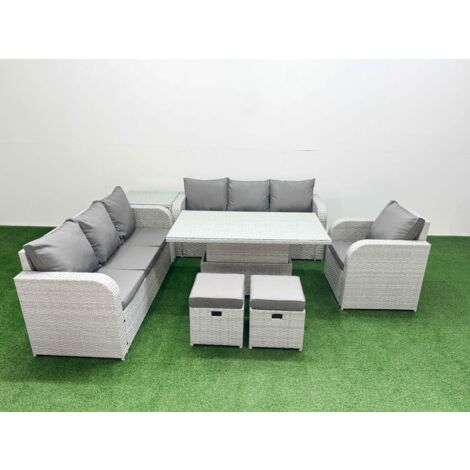 Fimous 9 Seater Poly Rattan Outdoor Garden Furniture Adjustable Lifting Dining or Coffee Table Sofa Set Patio 3 Seater Sofa Reclining Chair 3 Seater Sofa Stools Side Table Light Grey