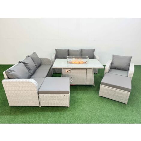 Fimous 9 Seater Poly Rattan Outdoor Garden Furniture Firepit Dining Table Sofa Set Patio 3 Seater Sofa Reclining Chair 3 Seater Sofa 2 Big Footstools Light Grey